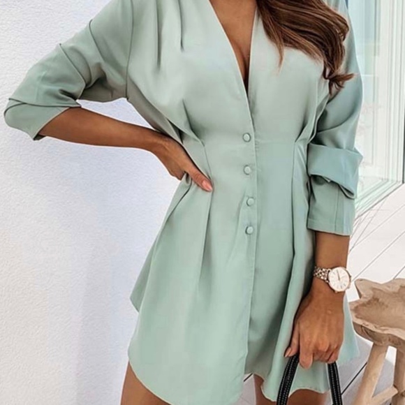 Lake Blue Gathered-Sleeve Button-Up Mini Dress - Picture 1 of 6